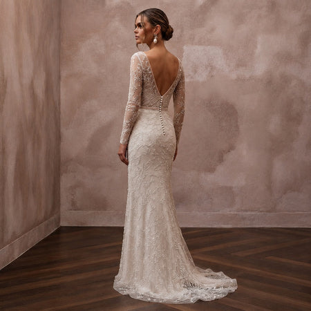 Delicate Ivory Embroidered Net Column for Engagement Shoot - Apparel & Accessories > Clothing > Wedding & Bridal Party Dresses > Wedding Dresses - Mignonette Bridal