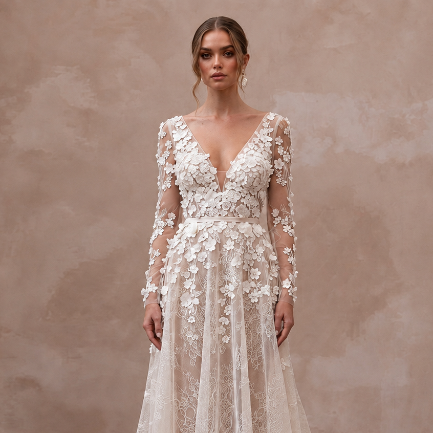 Delicate Lace Wedding Dress with Floral Appliques