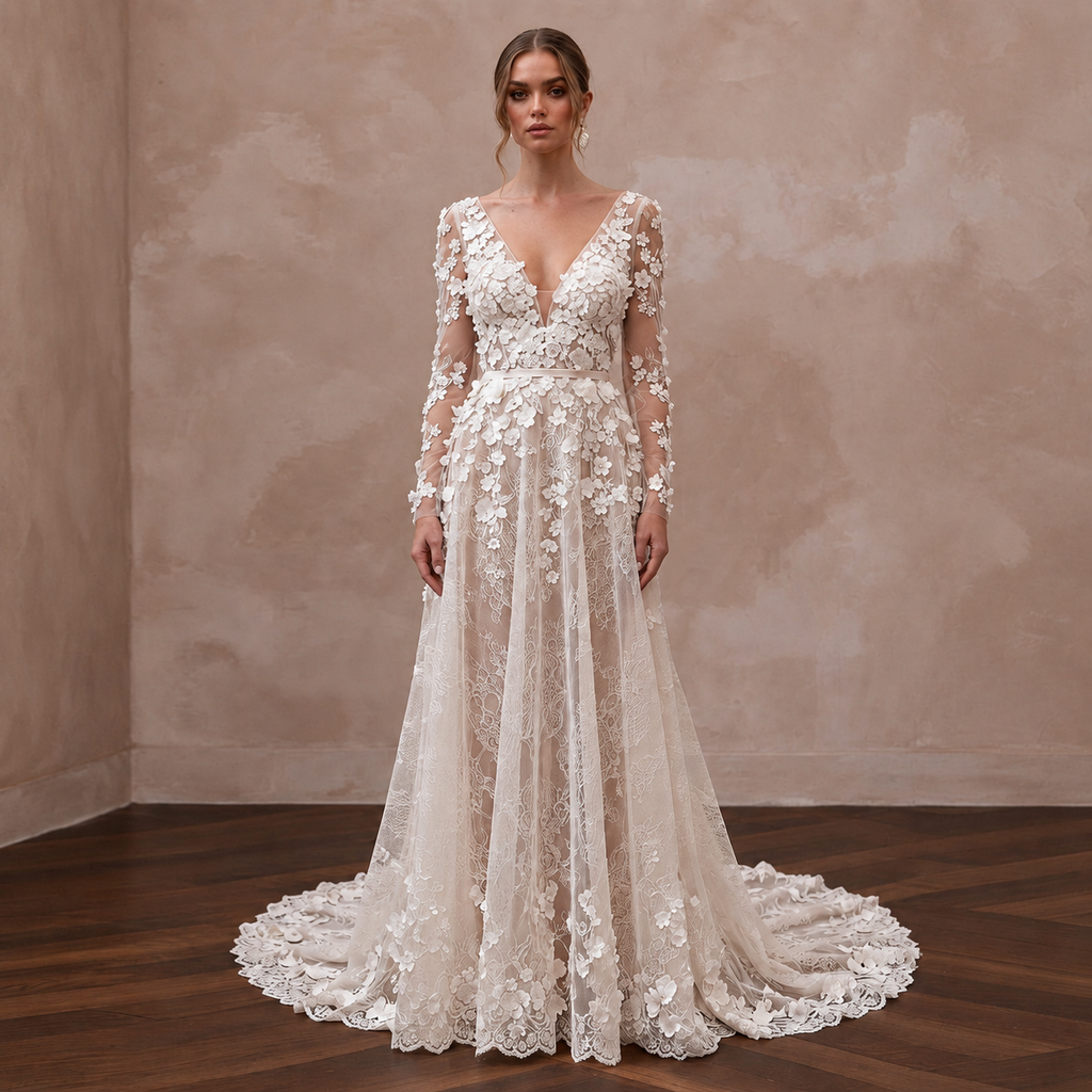Delicate Lace Wedding Dress with Floral Appliques