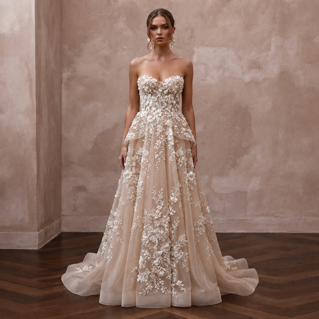 Designer Bridal Gowns with Handcrafted Floral Embroidery - Apparel & Accessories > Clothing > Wedding & Bridal Party Dresses > Wedding Dresses - Mignonette