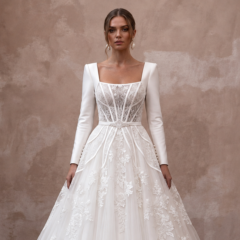Designer Bridal Gowns with Satin, Lace, Mikado, and Tulle Craftsmanship