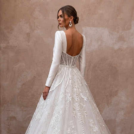 Designer Bridal Gowns with Satin, Lace, Mikado, and Tulle Craftsmanship