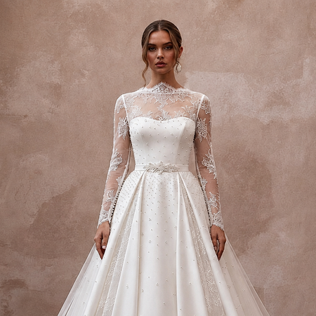 Designer Bridal Gowns with Silk, Lace, Mikado, and Tulle Elegance