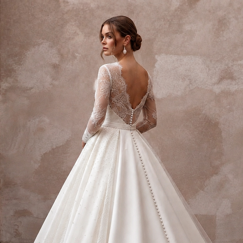 Designer Bridal Gowns with Silk, Lace, Mikado, and Tulle Elegance
