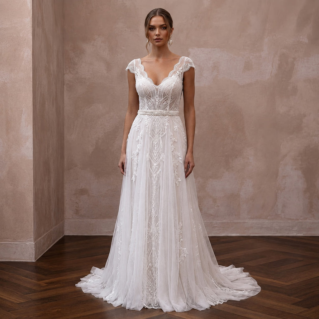 Destination Lace Wedding Dress with Lightweight Tulle for a Beach Ceremony - Apparel & Accessories > Clothing > Wedding & Bridal Party Dresses > Wedding Dresses - Mignonette Bridal