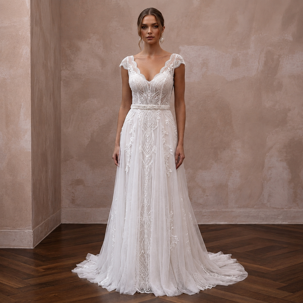 Destination Lace Wedding Dress with Lightweight Tulle for a Beach Ceremony