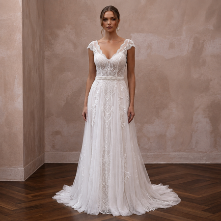 Destination Lace Wedding Dress with Lightweight Tulle for a Beach Ceremony
