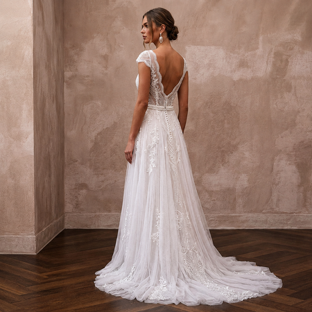 Destination Lace Wedding Dress with Lightweight Tulle for a Beach Ceremony