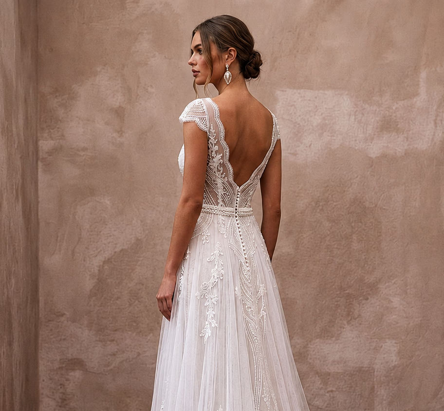 Destination Lace Wedding Dress with Lightweight Tulle for a Beach Ceremony - Apparel & Accessories > Clothing > Wedding & Bridal Party Dresses > Wedding Dresses - Mignonette Bridal