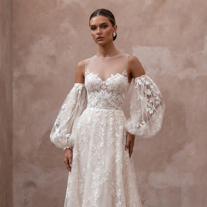 Detachable Sleeve Wedding Dresses with Convertible Style - Apparel & Accessories > Clothing > Wedding & Bridal Party Dresses > Wedding Dresses - Mignonette