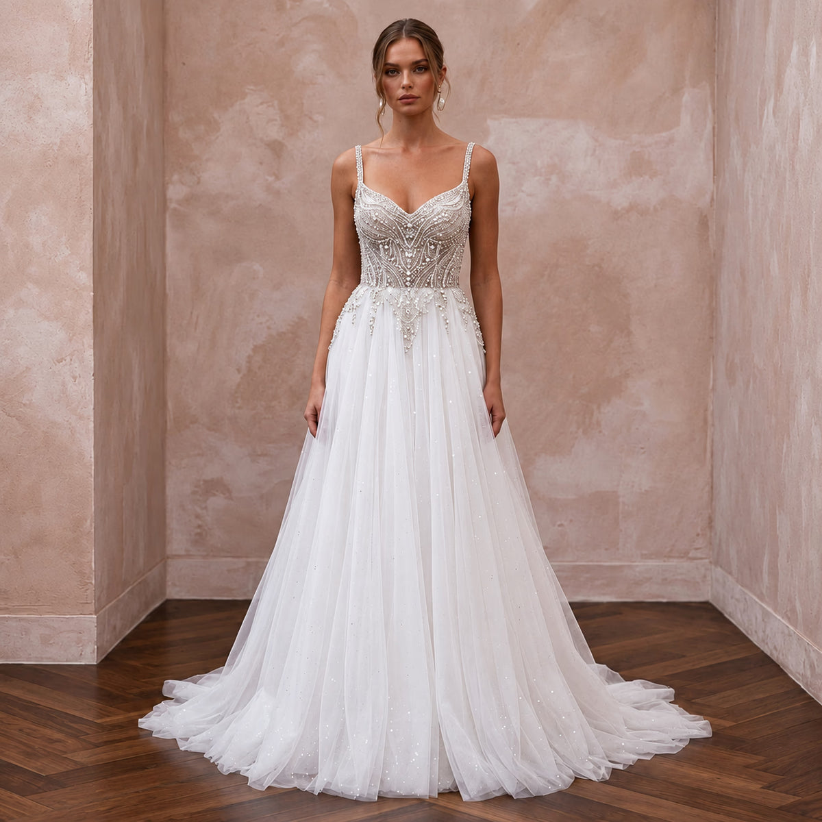 Diamond White Beaded Bodice Tulle A - Line Dress for New Year's Eve Wedding - Apparel & Accessories > Clothing > Wedding & Bridal Party Dresses > Wedding Dresses - Mignonette Bridal Main image