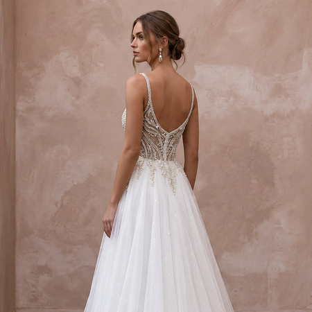 Diamond White Beaded Bodice Tulle A-Line Dress for New Year's Eve Wedding
