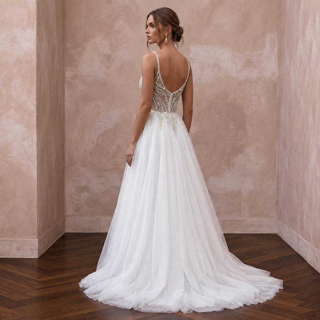 Diamond White Beaded Bodice Tulle A-Line Dress for New Year's Eve Wedding