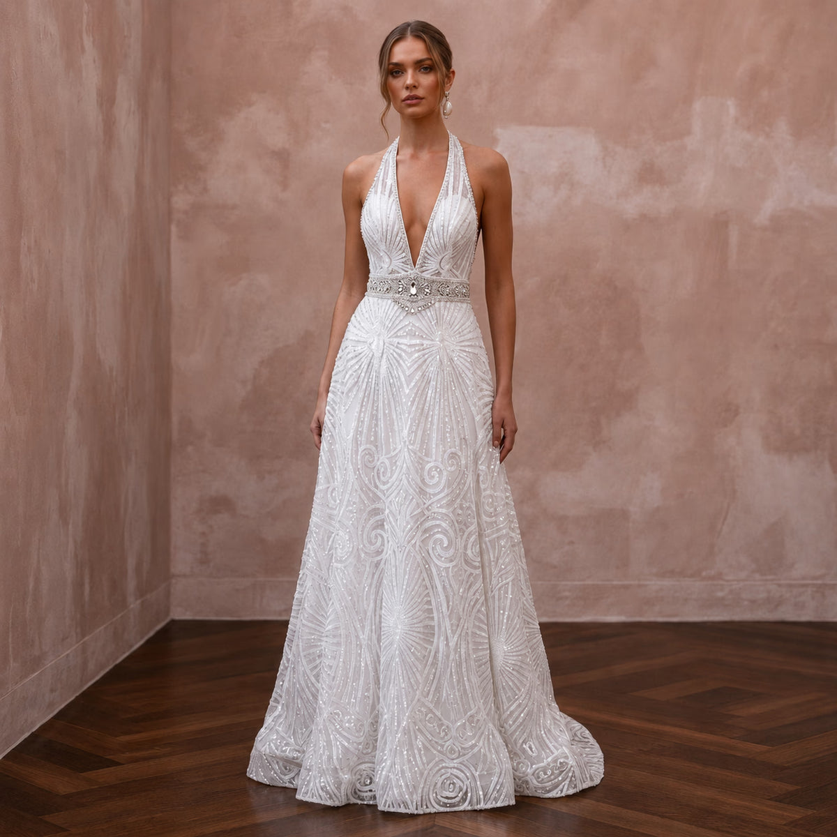 Disco - Era White Sequin Halter Gown for 70s Themed After - Party - Apparel & Accessories > Clothing > Wedding & Bridal Party Dresses > Wedding Dresses - Mignonette Bridal Main image