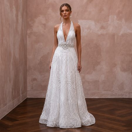 Disco-Era White Sequin Halter Gown for 70s Themed After-Party