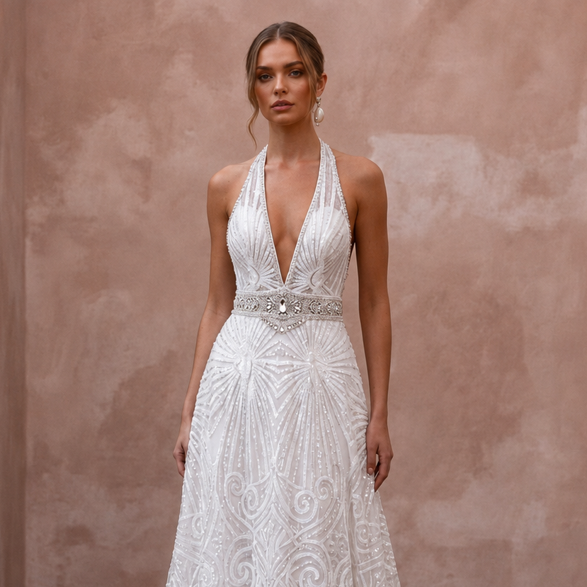 Disco-Era White Sequin Halter Gown for 70s Themed After-Party