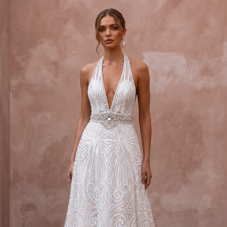 Disco-Era White Sequin Halter Gown for 70s Themed After-Party