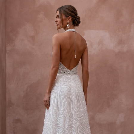 Disco - Era White Sequin Halter Gown for 70s Themed After - Party - Apparel & Accessories > Clothing > Wedding & Bridal Party Dresses > Wedding Dresses - Mignonette Bridal