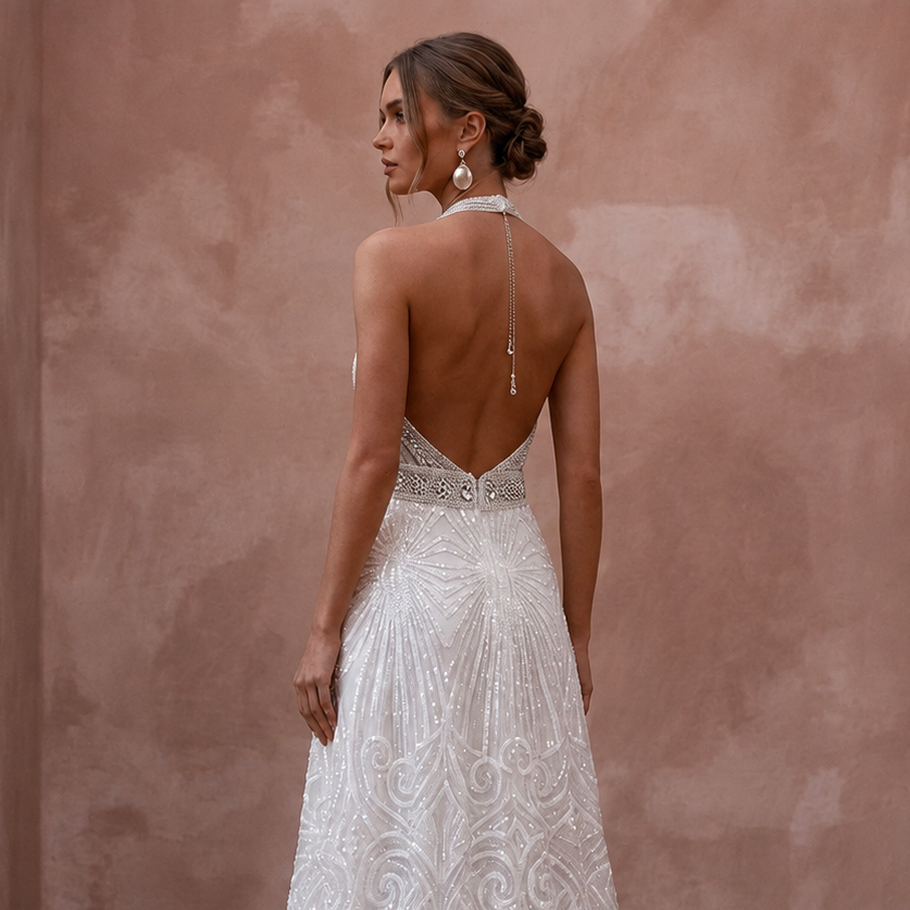 Disco-Era White Sequin Halter Gown for 70s Themed After-Party