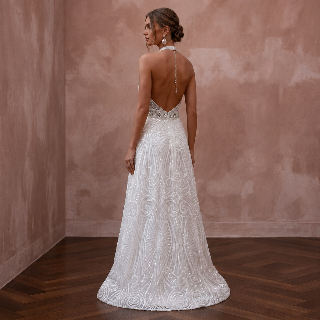 Disco-Era White Sequin Halter Gown for 70s Themed After-Party