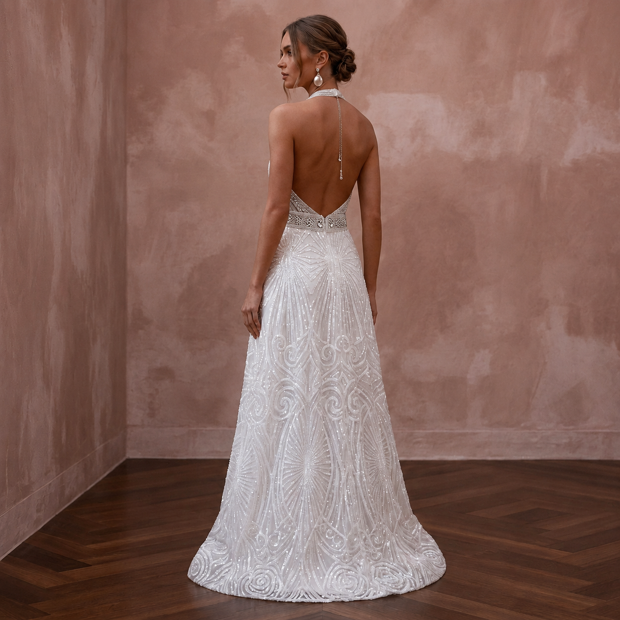 Disco-Era White Sequin Halter Gown for 70s Themed After-Party
