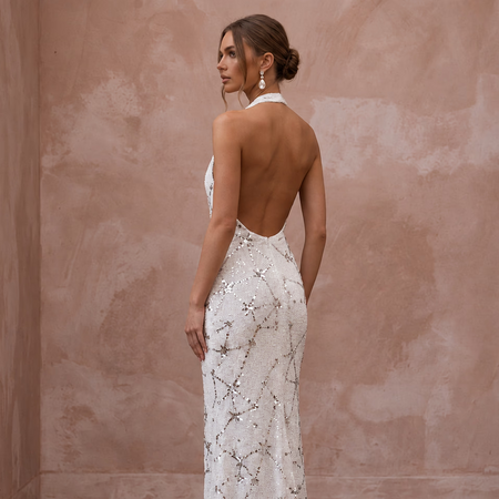 Disco-Era White Sequin Halter Wedding Gown for 70s Themed After-Party