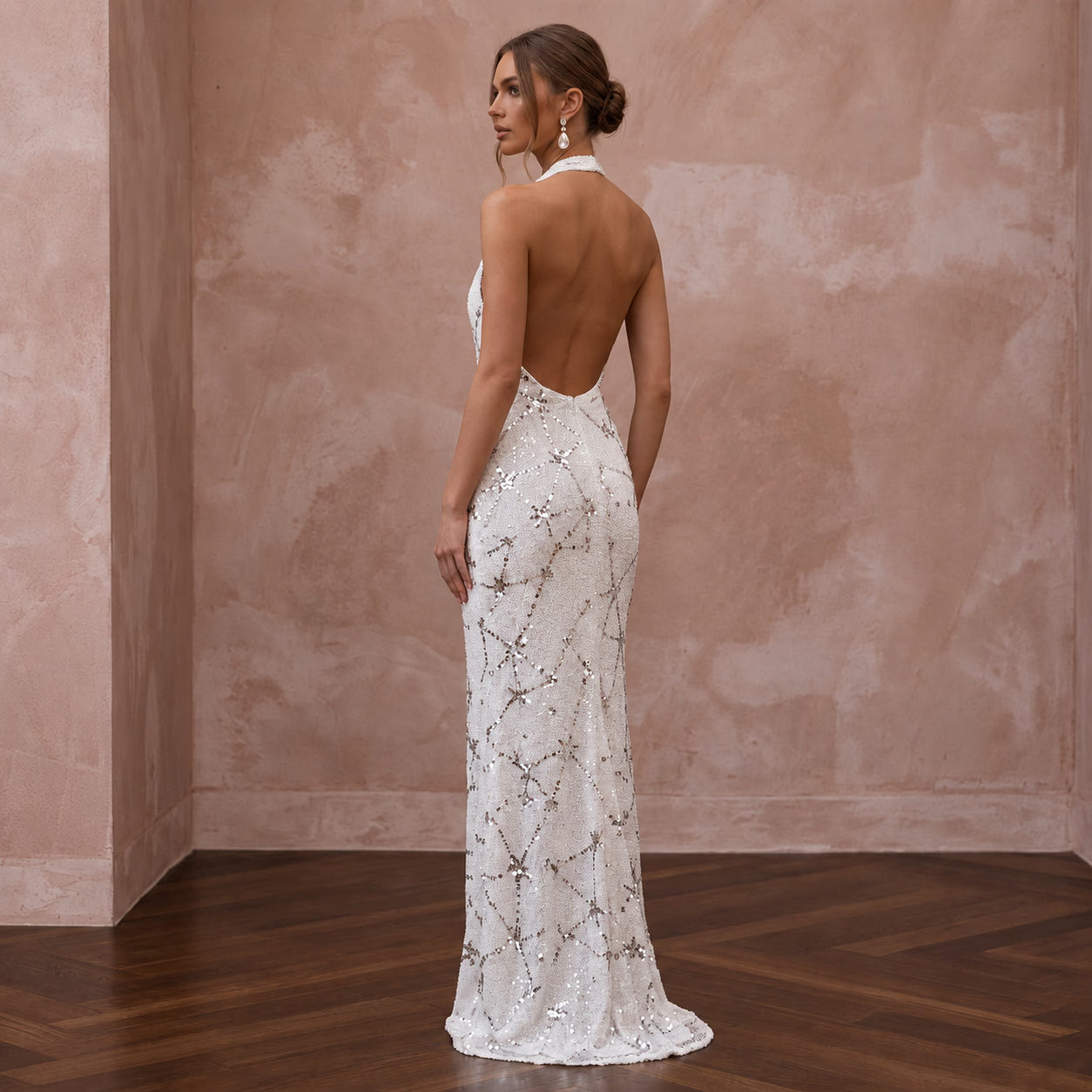 Disco-Era White Sequin Halter Wedding Gown for 70s Themed After-Party Secondary image