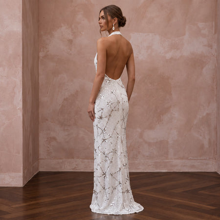 Disco-Era White Sequin Halter Wedding Gown for 70s Themed After-Party