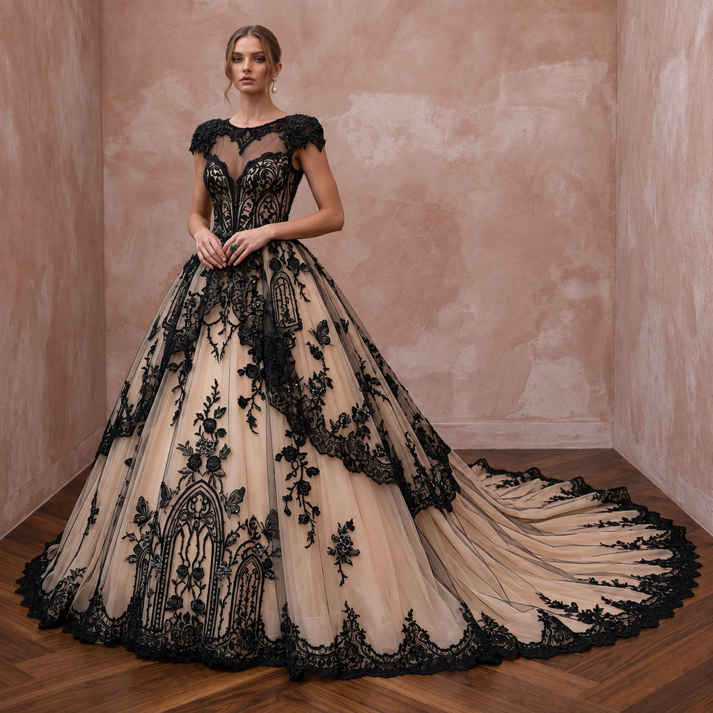 Dramatic Black Lace Over Nude Tulle Gothic Wedding Dress