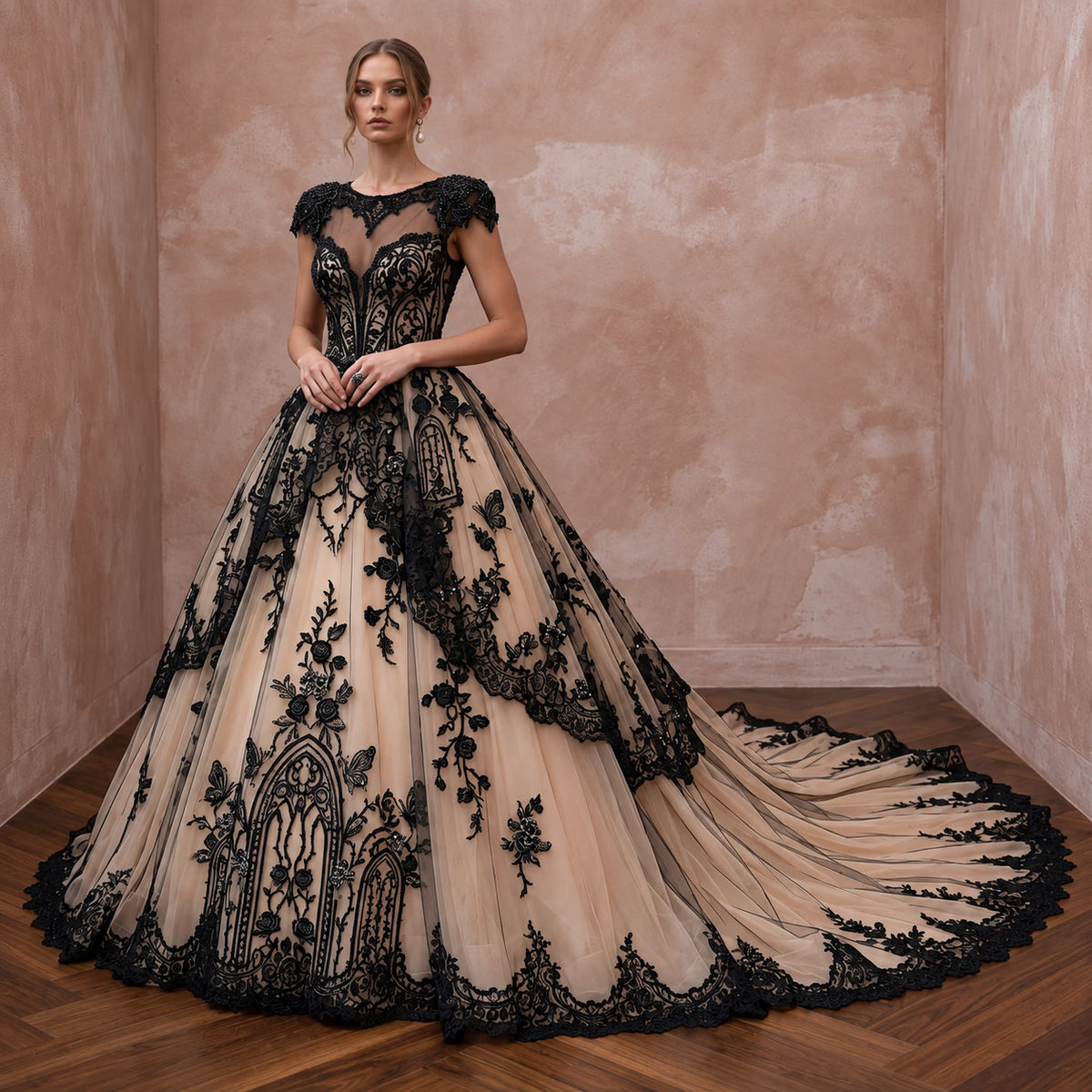 Dramatic Black Lace Over Nude Tulle Gothic Wedding Dress