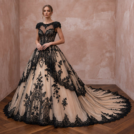 Dramatic Black Lace Over Nude Tulle Gothic Wedding Dress