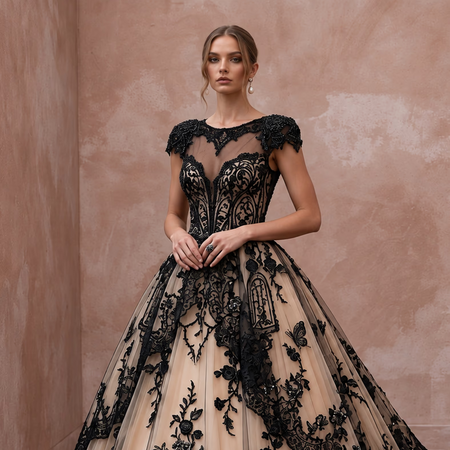 Dramatic Black Lace Over Nude Tulle Gothic Wedding Dress