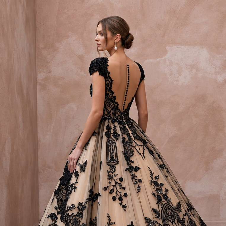 Dramatic Black Lace Over Nude Tulle Gothic Wedding Dress