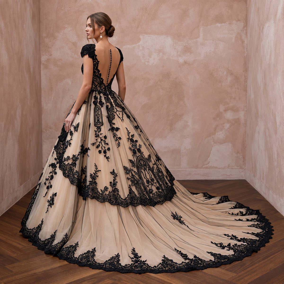 Dramatic Black Lace Over Nude Tulle Gothic Wedding Dress