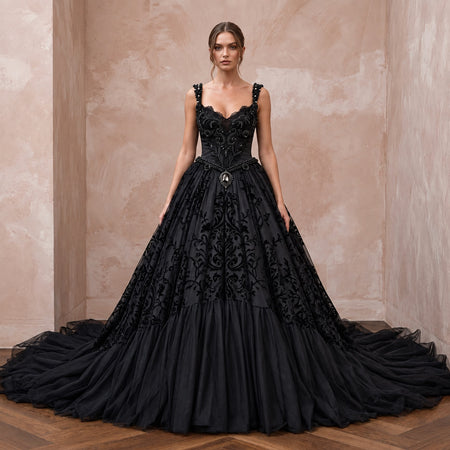 Dramatic Black Tulle Gothic Ball Gown Wedding Dress for Themed Ceremony
