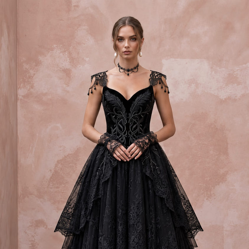 Dramatic Black Tulle High-Low Hem Gothic Wedding Reception Dress