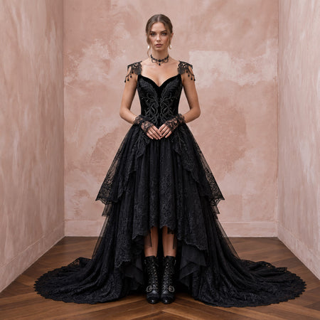 Dramatic Black Tulle High-Low Hem Gothic Wedding Reception Dress