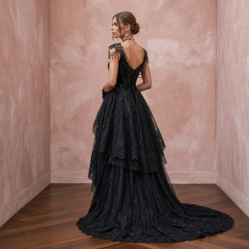 Dramatic Black Tulle High-Low Hem Gothic Wedding Reception Dress