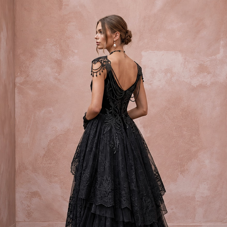 Dramatic Black Tulle High-Low Hem Gothic Wedding Reception Dress