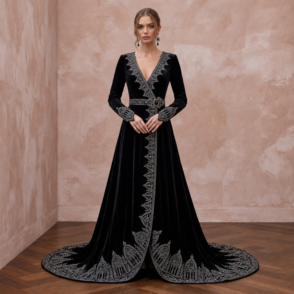 Dramatic Black Velvet Long Sleeve Gothic Wrap Bridal Gown - Apparel & Accessories > Clothing > Wedding & Bridal Party Dresses > Wedding Dresses - Mignonette Bridal