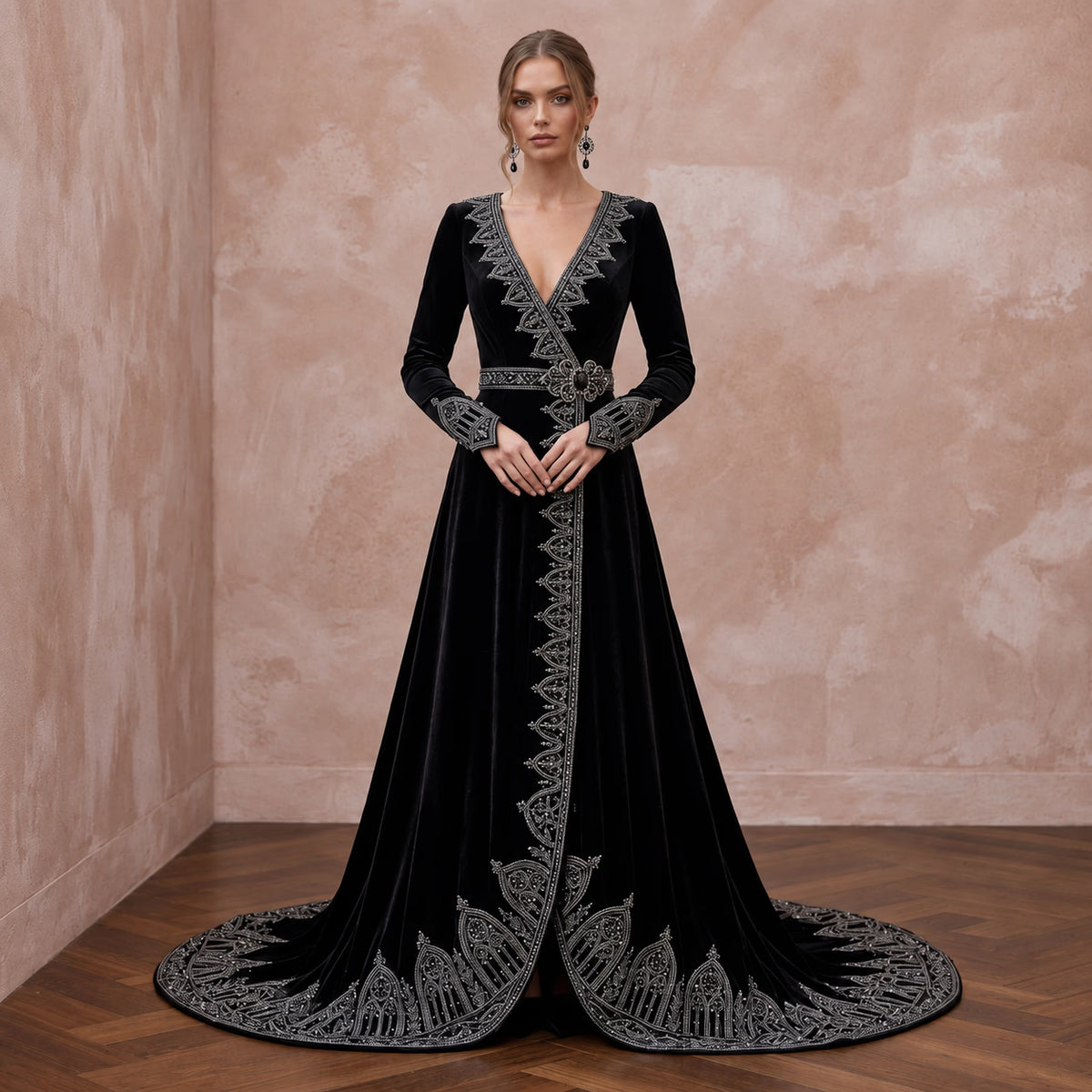 Dramatic Black Velvet Long Sleeve Gothic Wrap Bridal Gown - Apparel & Accessories > Clothing > Wedding & Bridal Party Dresses > Wedding Dresses - Mignonette Bridal