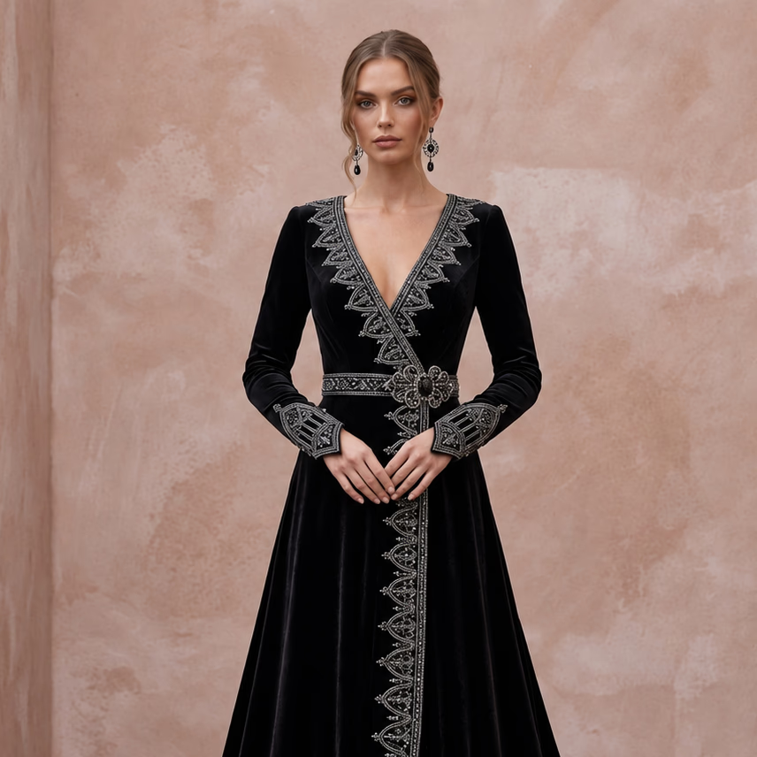 Dramatic Black Velvet Long Sleeve Gothic Wrap Bridal Gown - Apparel & Accessories > Clothing > Wedding & Bridal Party Dresses > Wedding Dresses - Mignonette Bridal