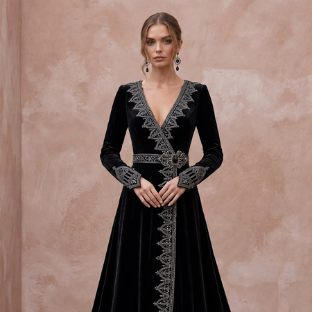Dramatic Black Velvet Long Sleeve Gothic Wrap Bridal Gown - Apparel & Accessories > Clothing > Wedding & Bridal Party Dresses > Wedding Dresses - Mignonette Bridal