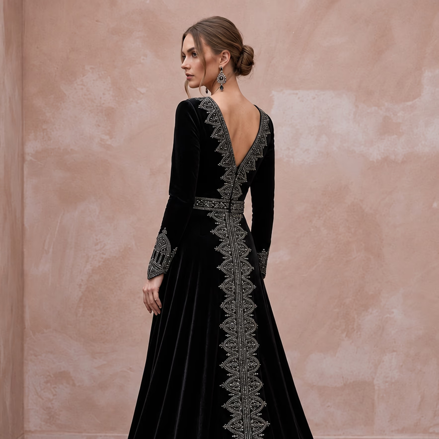 Dramatic Black Velvet Long Sleeve Gothic Wrap Bridal Gown - Apparel & Accessories > Clothing > Wedding & Bridal Party Dresses > Wedding Dresses - Mignonette Bridal