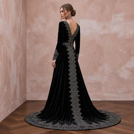 Dramatic Black Velvet Long Sleeve Gothic Wrap Bridal Gown - Apparel & Accessories > Clothing > Wedding & Bridal Party Dresses > Wedding Dresses - Mignonette Bridal