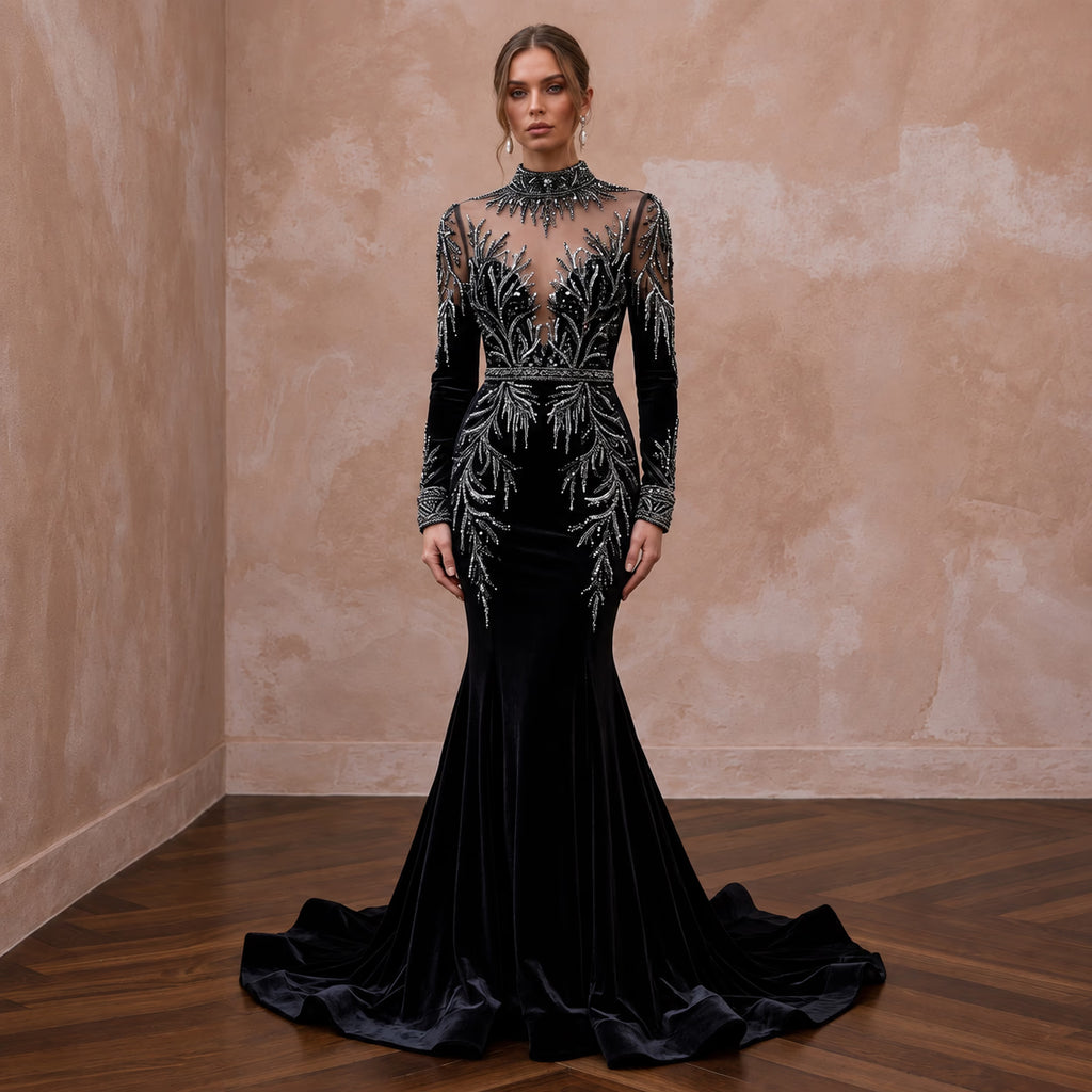 Dramatic Black Velvet Long Sleeve Mermaid Gown for Winter Themed Wedding