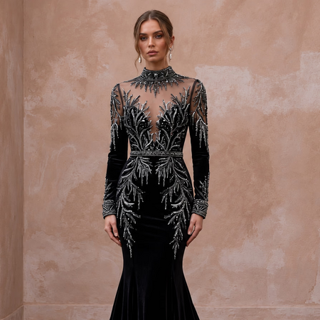 Dramatic Black Velvet Long Sleeve Mermaid Gown for Winter Themed Wedding