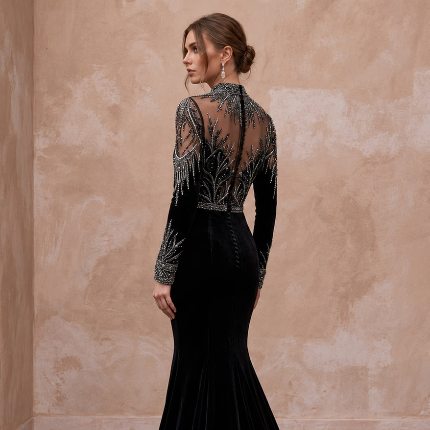 Dramatic Black Velvet Long Sleeve Mermaid Gown for Winter Themed Wedding