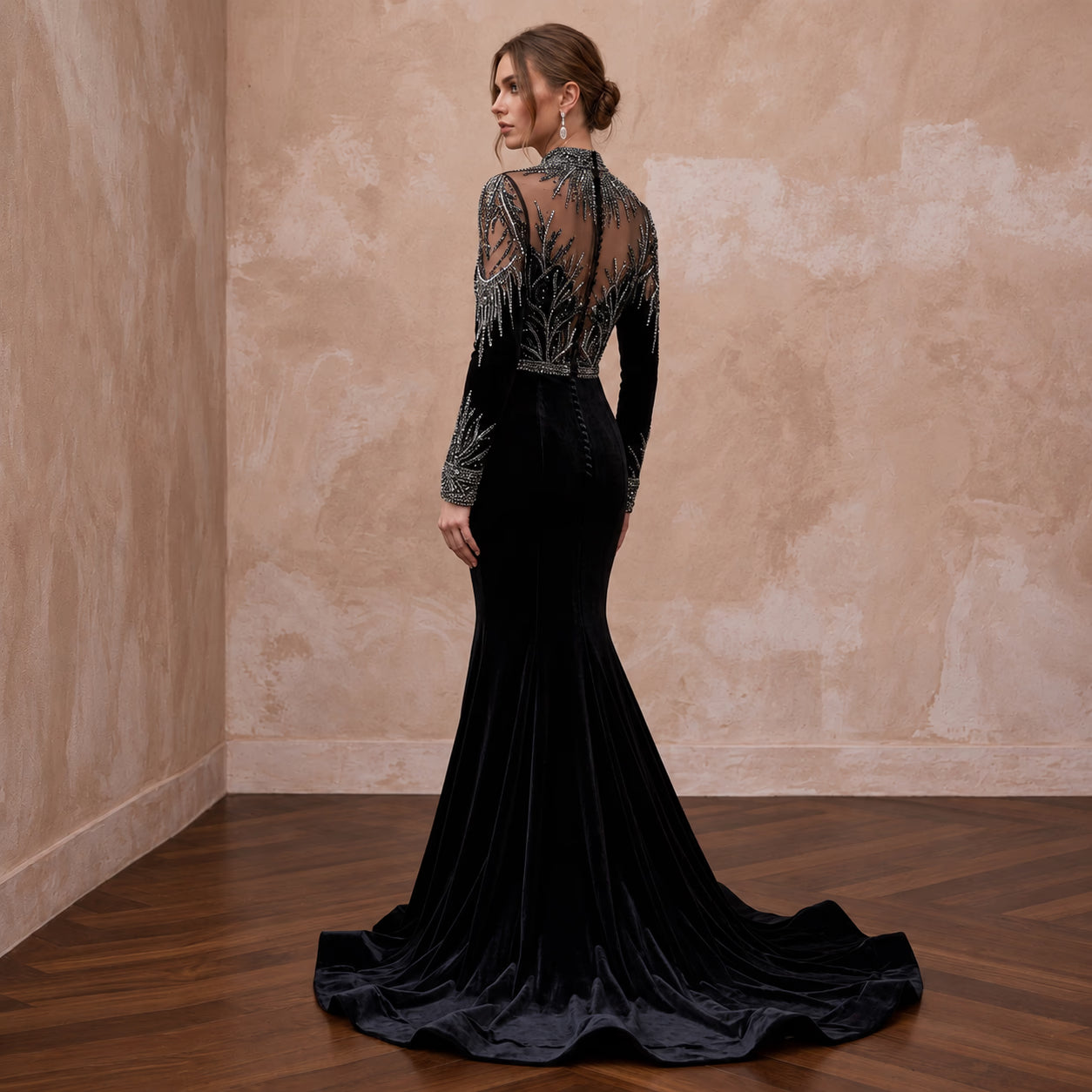 Dramatic Black Velvet Long Sleeve Mermaid Gown for Winter Themed Wedding Secondary image