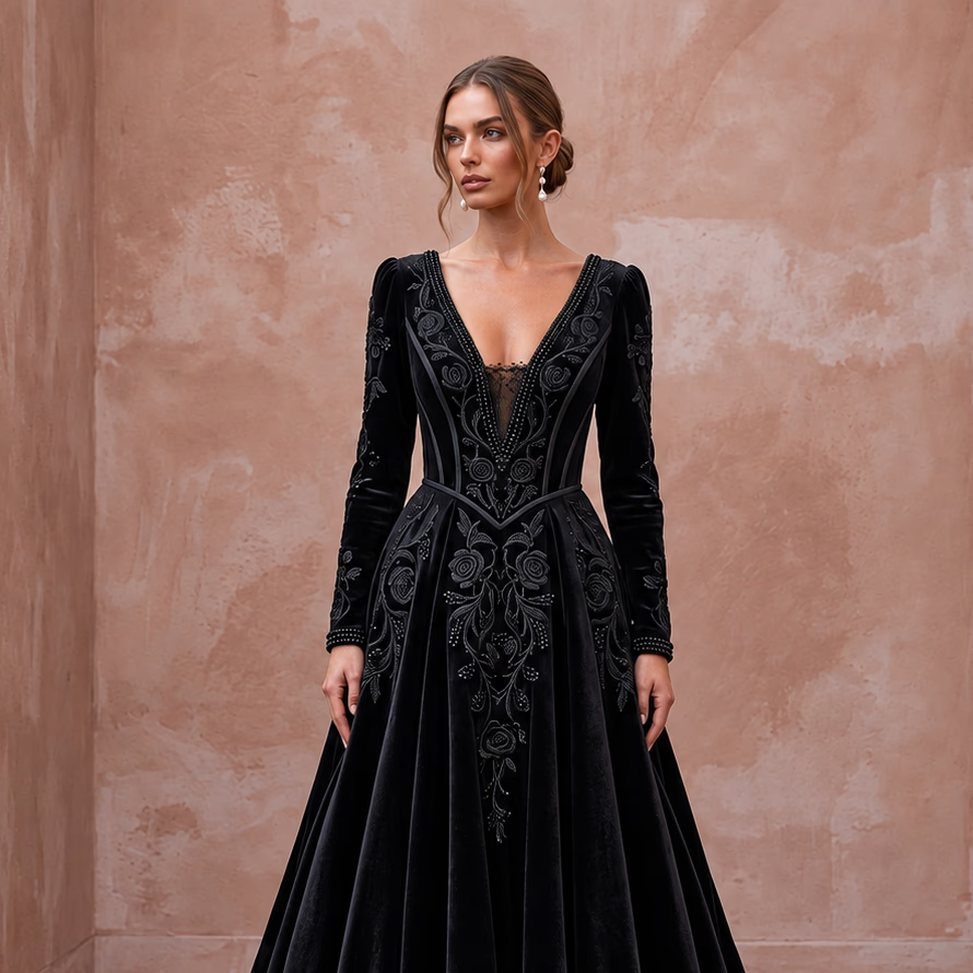 Dramatic Black Velvet Plunge Neck Gothic A-Line Bridal Dress